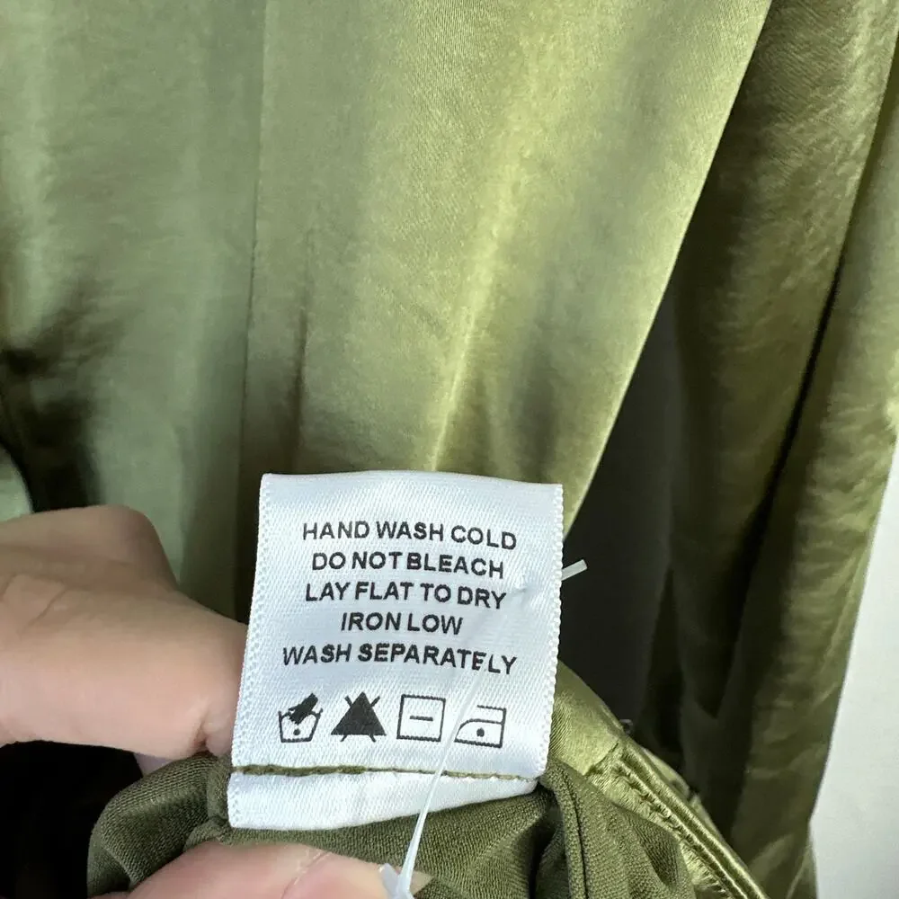 CAMILA COEHLO Priscilla Mini Dress Sage Green Satin Button Up Tie Waist Size XS